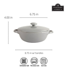 Gray covered stoneware casserole with domed lid and two side handles