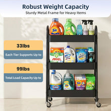 Black 3-tier metal utility cart with open shelves and caster wheels