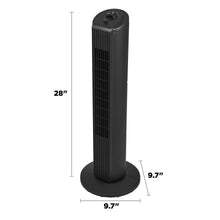 Black 28-inch tower fan with vertical grille and round base dimensions shown
