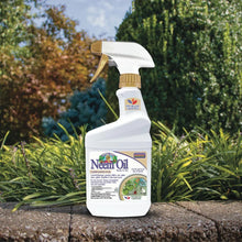 Neem oil ready-to-use spray bottle with trigger nozzle, front label shown outdoors.