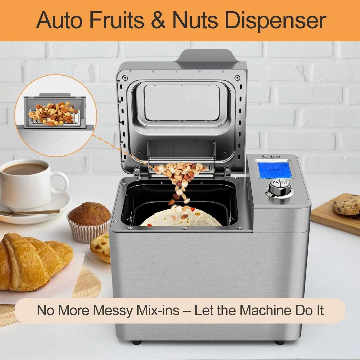 Bluebow 25-in-1 Bread Maker, 2LB Bread Machine with Auto Fruit/Nut Dispenser, Gluten-Free Setting, Keep Warm&13H Delay Timer, Stainless Steel - USA MEGA SHOP
