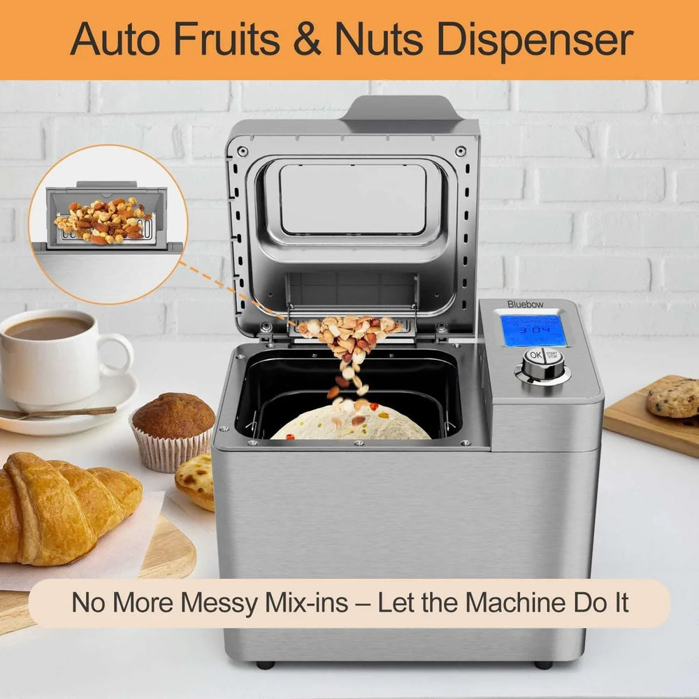 Bluebow 25-in-1 Bread Maker, 2LB Bread Machine with Auto Fruit/Nut Dispenser, Gluten-Free Setting, Keep Warm&13H Delay Timer, Stainless Steel - USA MEGA SHOP
