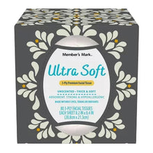 Ultra Soft facial tissue box with dark floral pattern and white front label