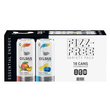 Fizz-free energy drink variety pack with two 12 fl oz cans in carton