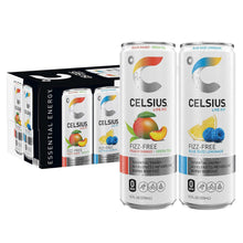 Fizz-free energy drink variety pack with four 12 fl oz cans and outer box