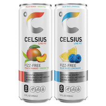 Two fizz-free energy drink cans: peach mango and blue razz lemonade, 12 fl oz