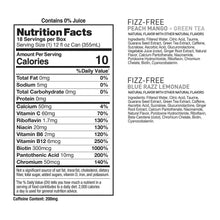 Nutrition facts panel for fizz-free energy drink, shows calories and caffeine content