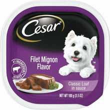 Dog food loaf in sauce tray front label, Filet Mignon flavor, with dog and loaf pieces