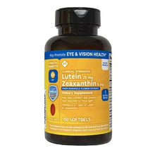 Eye health softgels bottle with black cap and yellow front label