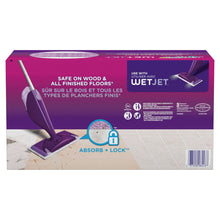 WetJet pad refill box back showing safe on wood and absorb+lock use info
