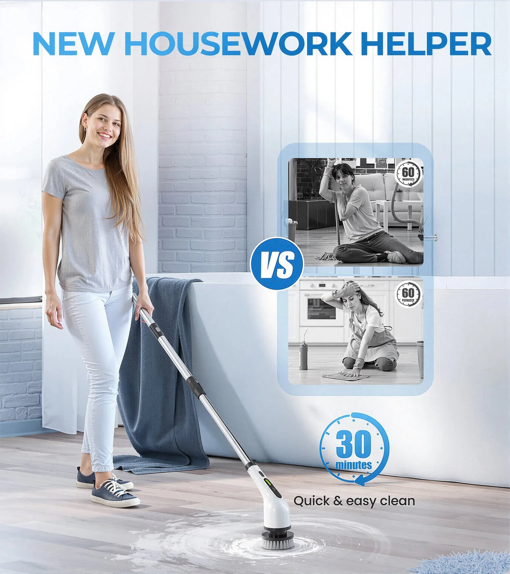 BIMZUC Electric Spin Scrubber, Cordless Cleaning Brush, 7 Replaceable Heads, Extendable Handle, White - USA MEGA SHOP
