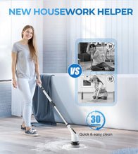 Cordless spin scrubber on floor with rotating brush head for quick cleanup