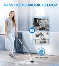 Cordless spin scrubber with flat round brush head on light tile floor