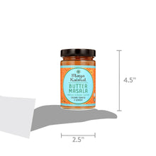 Butter masala simmer sauce jar shown with size 4.5 in tall and 2.5 in wide