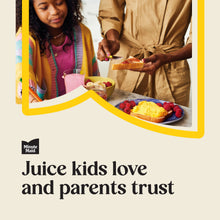 Strawberry lemonade drink carton shown on a family promo card with kids and serving scene