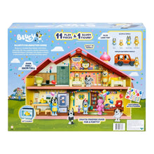 Bluey’s Celebration Home playset box showing house with 11 play pieces and figures