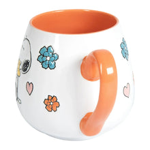 White ceramic mug with orange rim and curved handle, Peanuts Snoopy mother/baby hearts and flowers