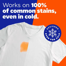 White T-shirt with an orange stain and a cold-use snowflake badge