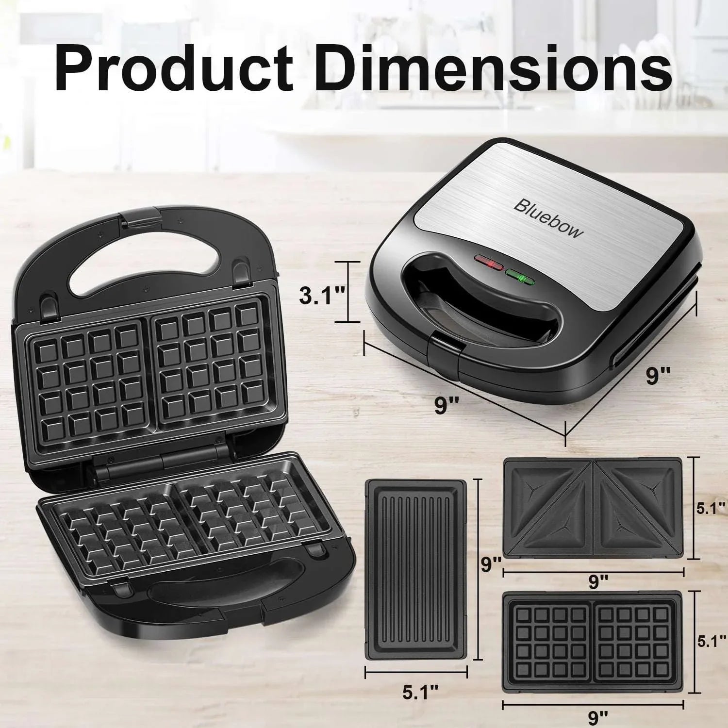 Bluebow 3 in 1 Sandwich Maker, 2 Slice Waffle Maker, Panini Press Grill with Removable Non-Stick Plates, Breakfast Grilled Cheese Maker - USA MEGA SHOP