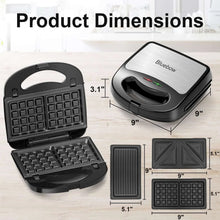 3-in-1 waffle and sandwich maker with removable plates and size details