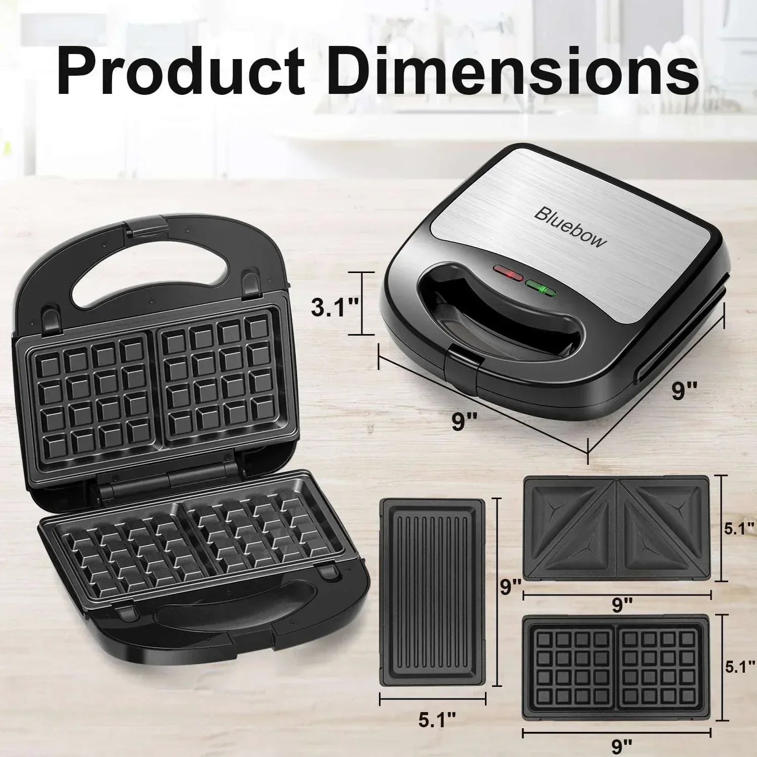 Bluebow 3 in 1 Sandwich Maker, 2 Slice Waffle Maker, Panini Press Grill with Removable Non-Stick Plates, Breakfast Grilled Cheese Maker