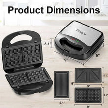 Bluebow 3-in-1 sandwich and waffle maker with interchangeable plates and size callouts