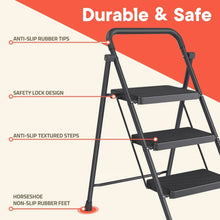 Black 3-step foldable stool showing anti-slip textured steps and safety lock