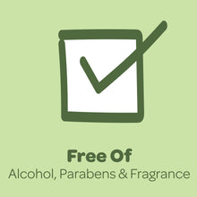 Checklist icon stating free of alcohol, parabens and fragrance on green background