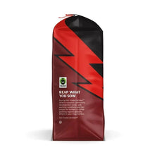Whole bean coffee bag back with red/black graphics and Fair Trade Certified text