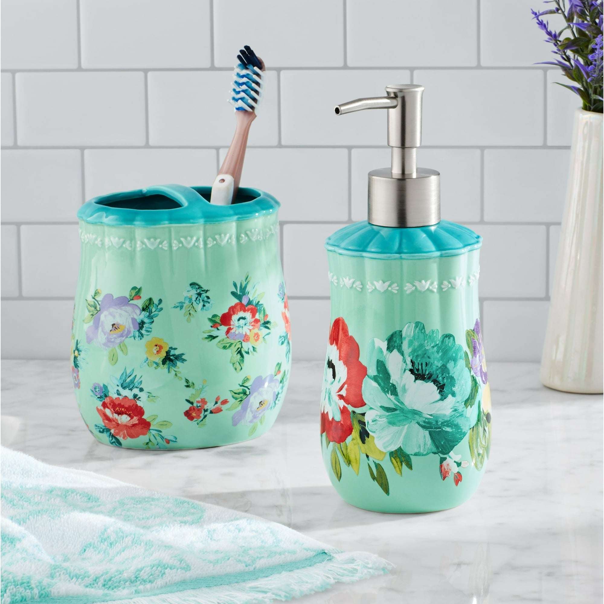The Pioneer Woman Sweet Romance Stoneware 2 Piece Bath Accessories Set, Multi- Color