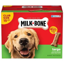 Large dog treat biscuit package with Milk-Bone branding, dog portrait, and club size 15 lb