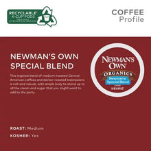 Special Blend coffee pod label card, dark red panel and Newman’s Own Organics badge