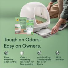 Covered cat litter box with open hood and gray tray, plus Breeze litter packaging and pads.