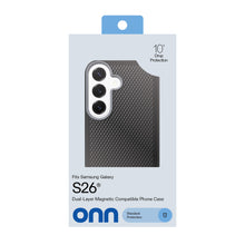 Dual-layer magnetic compatible phone case, black textured back, retail packaging