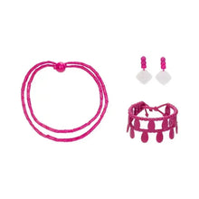 Hot-pink doll necklace and small accessory set with charm earrings and beaded drum-like piece