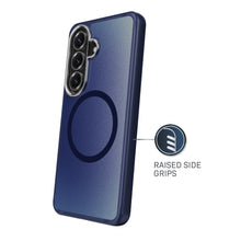 Metallic blue phone case with raised side grips and reflective ring detail