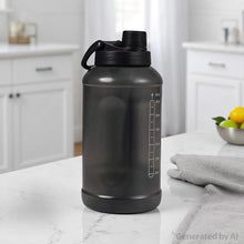 64 oz water bottle with carry handle, translucent dark body, ounce markings