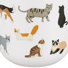 White cat mug with meow text on rim and mixed cat illustrations, close-up angle