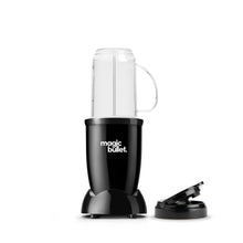 Black personal blender base with clear blending cup, handle, and spare lid