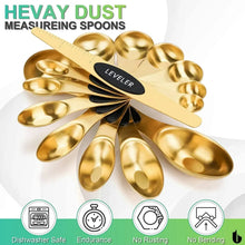 Gold measuring spoons set with leveler, fanned display of multiple scoop sizes