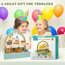 Wooden tea party play set with arched tray and yellow teapot plus toy desserts