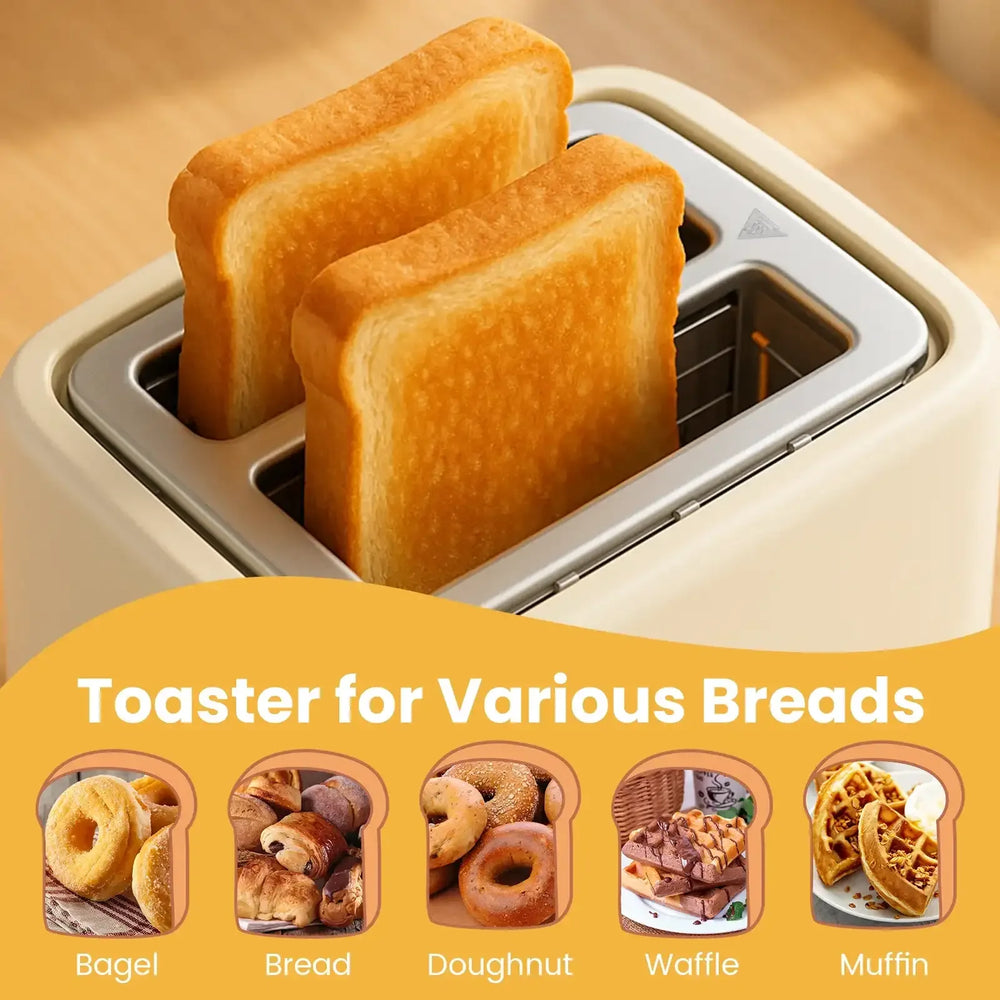 VAVSEA 2 Slice Toaster, 1000W Bread Toaster Machine with Extra Wide Slot, 6 Shade Settings and LED for Bagels, Waffles, Bread, Removable Crumb Tray, Breakfast Helper, Beige - USA MEGA SHOP