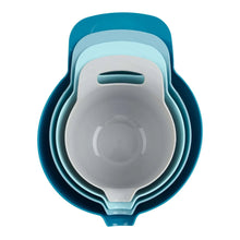 Nested plastic mixing bowls set with integrated handles, blue outer bowls and white inner