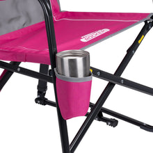 Beach Berry folding rocking chair with gray seat, cup holder sleeve, and black frame