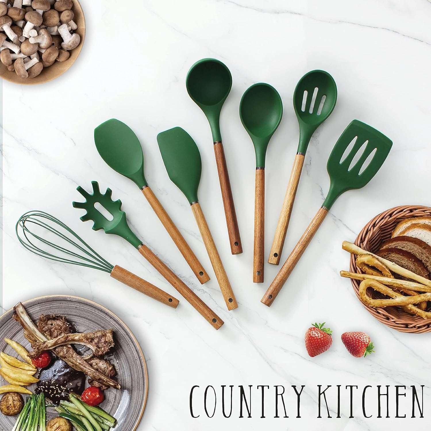 Country Kitchen 8-Pc Cooking Utensils Set Silicone Spatula & Kitchen Gadgets, Green