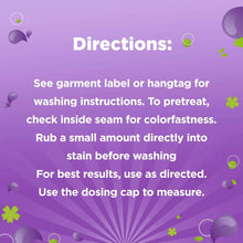 Laundry detergent directions panel with pre-treat, wash instructions, and dosing cap