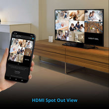 Smartphone and TV display showing home security camera live view grid