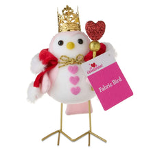 Fabric bird tabletop decoration with gold crown, red heart wand, plush hearts, tag