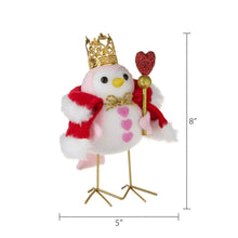 Fabric bird tabletop decoration, gold crown and red heart, pink wing, 8 in
