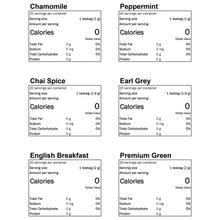 Stash variety pack tea label cards showing Chamomile, Peppermint, Chai Spice, Earl Grey